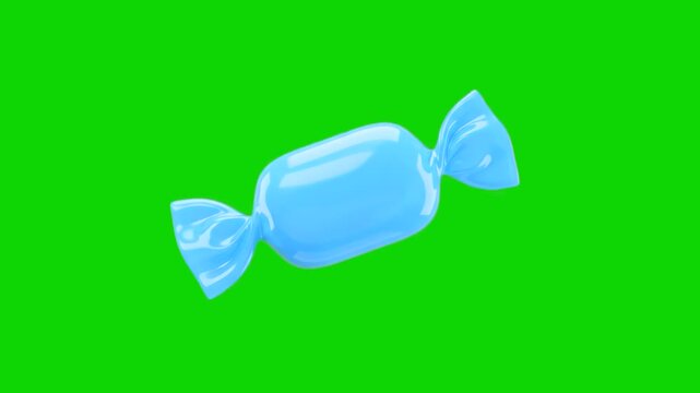 A glossy 3D animated blue wrapped candy or bonbon floating at an angle. Positioned against a flat chroma key green screen backdrop, this vibrant confectionery asset offers seamless integration into ca