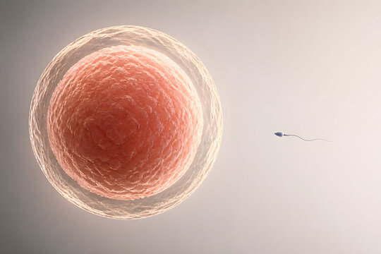 Giant human egg beside tiny sperm cell