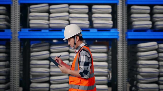 Side View of Asian Male Engineer Taking Note on Tablet While Walking at Warehouse storage with stacked white sacks
