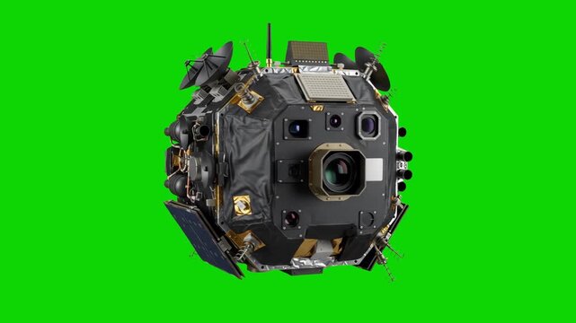 A highly detailed 3D scientific space satellite or lunar module equipped with lenses, sensors, and solar panels rotating 360 degrees. Isolated on a chroma key green backdrop for science fiction and ae