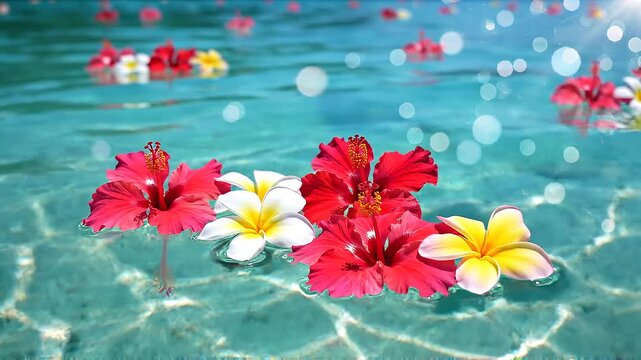 Elegant summer tropical water background featuring floating hibiscus and plumeria flowers, calm aqua-blue lagoon with transparent water