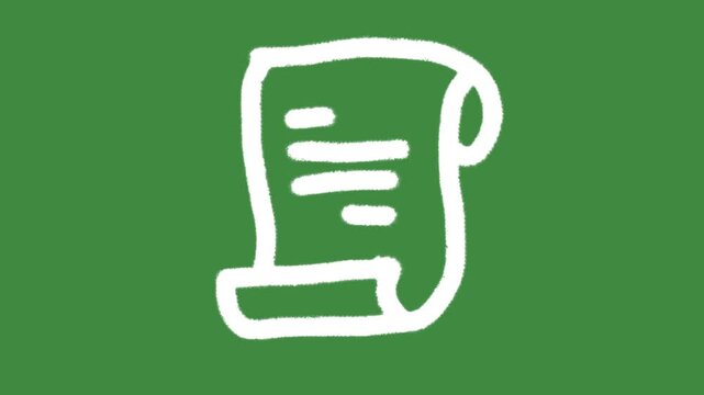 Document scroll contract paper hand-drawn cartoon graphic with chalk outline certificate icon and creative legal policy symbol isolated on green screen background.