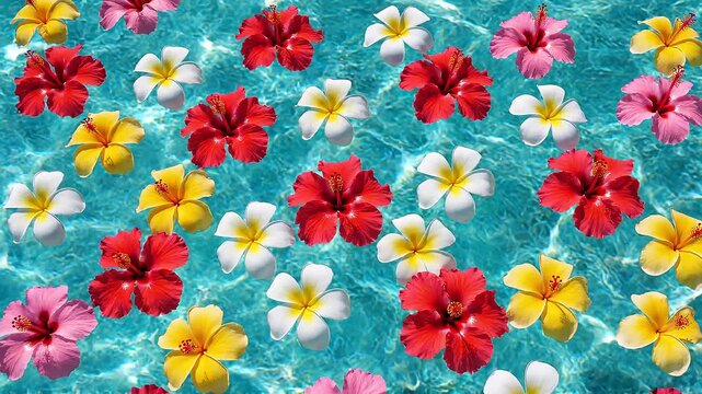 Elegant summer tropical water background featuring floating hibiscus and plumeria flowers, calm aqua-blue lagoon with transparent water