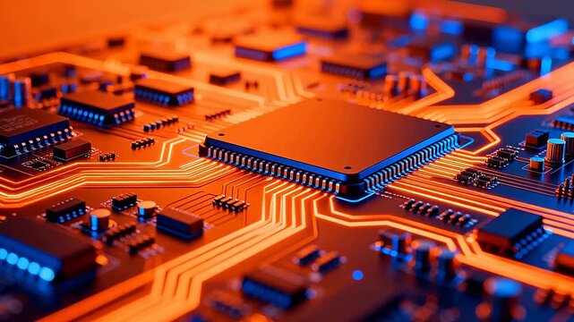 Closeup of a glowing circuit board
