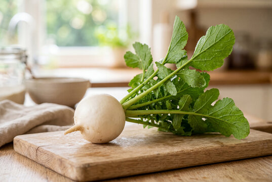Fresh white radish with green leaves on wooden board
