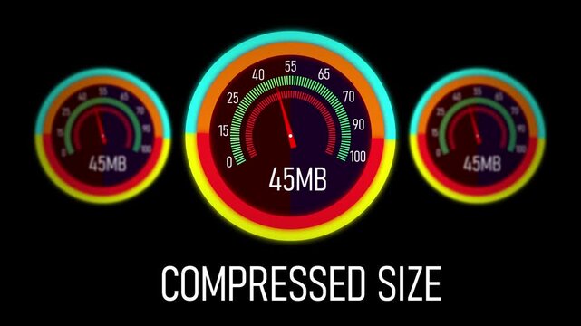 Dynamic digital data compression progress indicator featuring animated circular gauges and increasing file size metrics for high-speed network transfer, cloud storage optimization, and technical ui