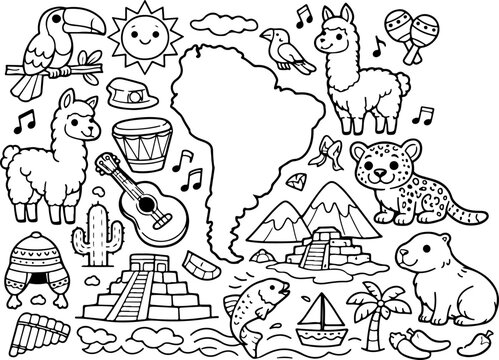 Am&eacute;rique du Sud, continent de dessin anim&eacute;, contour dessin&eacute; &agrave; la main, illustration style gribouillage, page de coloriage pour enfants