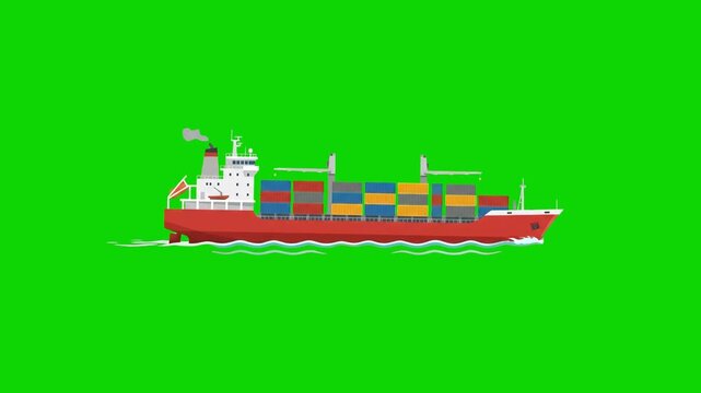 A 2D animated container ship with a red hull and colorful stacked freight boxes emitting a small puff of smoke while sailing. Isolated on a chroma key green background for commercial transport concept