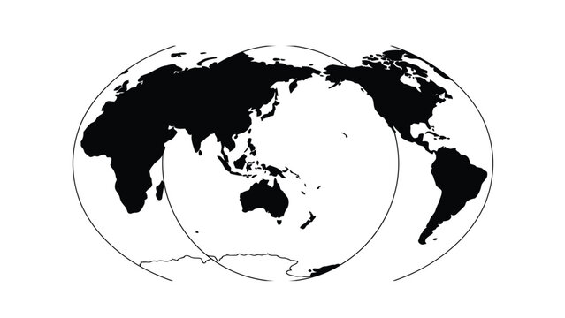A black and white overlapping double globe projection map showing all continents on a flat surface