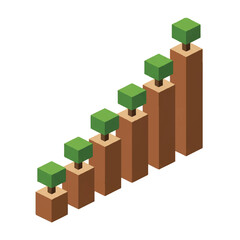 Fototapeta premium Three-dimensional isometric bar chart where each bar is a square-cut tree trunk with a flat, solid green leaf block on top. Rising sequence of six trees showing environmental investment success.