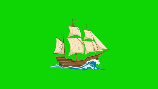A detailed cartoon illustration of a historic wooden sailing ship or galleon riding dynamic ocean waves with its white sails fully unfurled. Set against a flat chroma key green screen, this asset is e