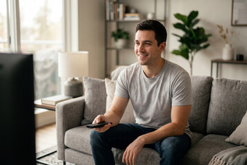 Fototapeta premium Man sitting on a sofa and watching television with a remote