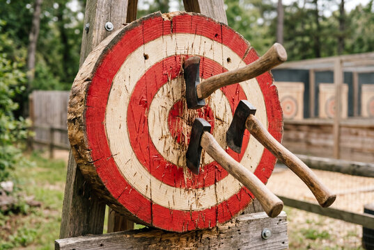 Axe throwing competition target with several axes