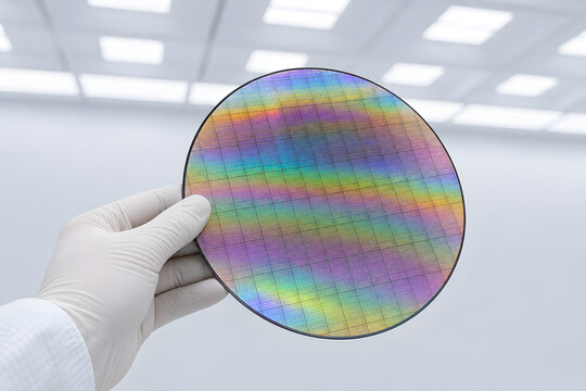 Rainbow silicon wafer in clean room light