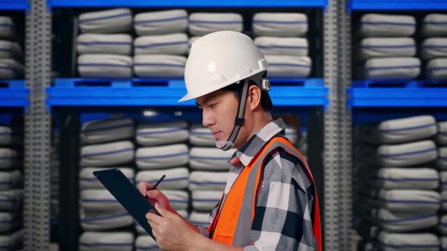 Side View of Asian Male Engineer Taking Note on Tablet While Walking at Warehouse storage with stacked white sacks