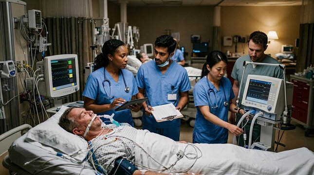 Diverse ICU team rounding on ventilated patient monitoring vital signs displays clinical concentration - Professional Healthcare Stock Photo