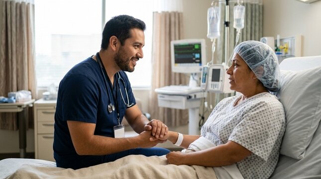 Hispanic male nurse comforting anxious patient before procedure gentle reassuring bedside manner - Professional Healthcare Stock Photo