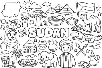 Fototapeta premium Soudan, monuments, dessin au trait dessiné à la main, illustration style gribouillage, page de coloriage pour enfants