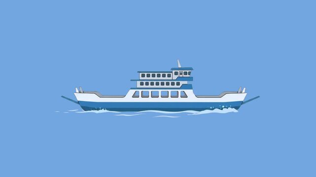 A stylized illustration of a blue and white multi-deck passenger car ferry cruising smoothly on small water waves. Positioned against a flat, light blue background, this clean marine transit asset is 