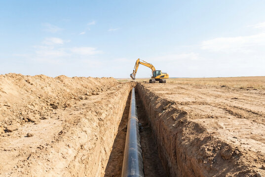 Large black metal pipeline laid in a deep dirt trench during rural natural gas line construction