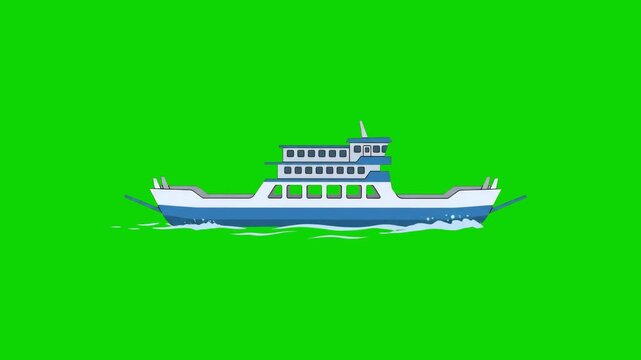 A stylized illustration of a modern blue and white multi-deck passenger car ferry cruising on waves. Isolated against a solid chroma key green screen backdrop, this maritime vessel asset is perfect fo