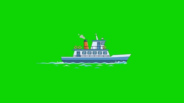 A cartoon illustration of a small workboat or ferry, identical to the one in Stock 1, featuring a brown and white wheelhouse and deck details. It is positioned on a water line with stylized waves, all