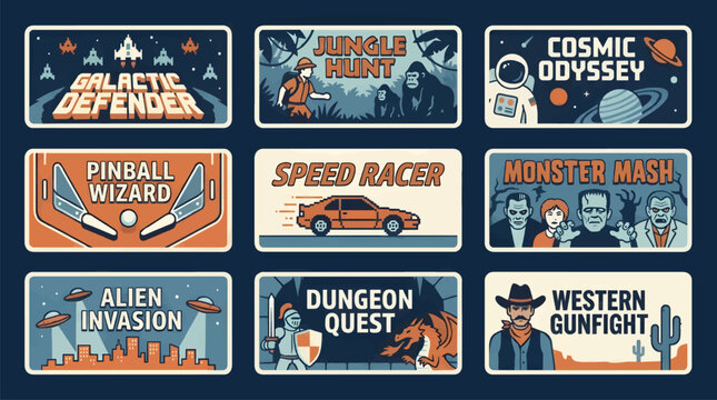 Retro Video Game Marquees Set: Flat Design Illustrations of Galactic Defender, Jungle Hunt, Cosmic Odyssey, Pinball Wizard, Speed Racer, Monster Mash, Alien Invasion, Dungeon Quest, and Western