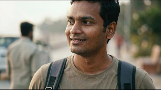 Confident young Indian man with backpack looking at camera and smiling on a busy city street during daytime