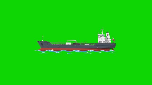 A 2D vector animation of a large cargo oil tanker vessel sailing on small waves, seen from a side profile view. Isolated against a solid chroma key green screen for maritime logistics layouts.