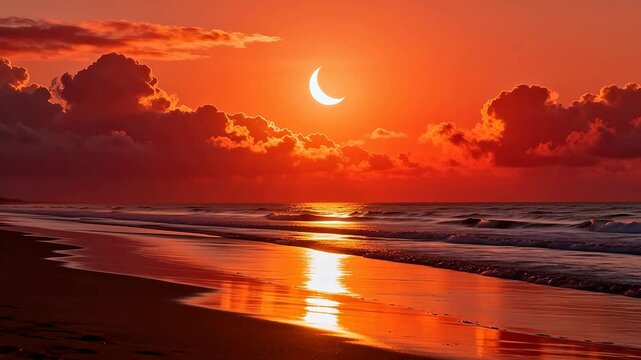 Beach sunset with crescent moon