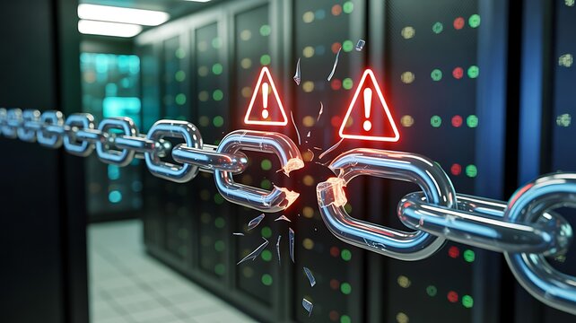 Broken blockchain security concept with damaged chain and cyber attack warning