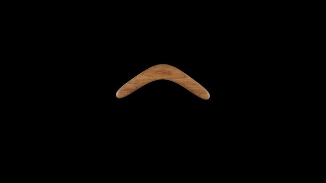 A classic V-shaped smooth wooden boomerang floating and rotating in mid-air. Isolated against a solid black studio background, this high-contrast 3D sports and hunting gear asset is designed for premi