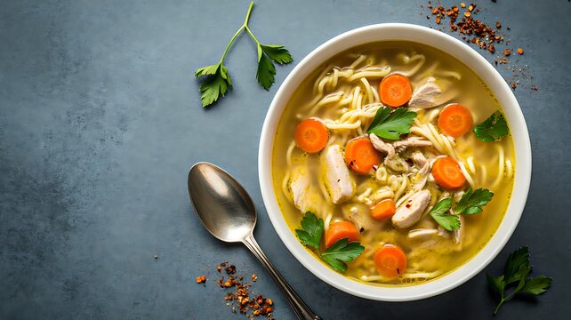 Nutritious chicken vegetable soup with fresh herbs served in white bowl