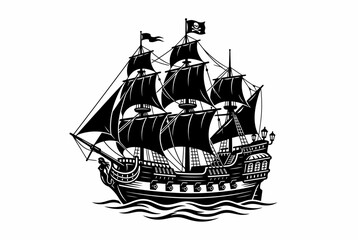 Black pirate ship with Jolly Roger flag sailing on waves, vector illustration © zulfa