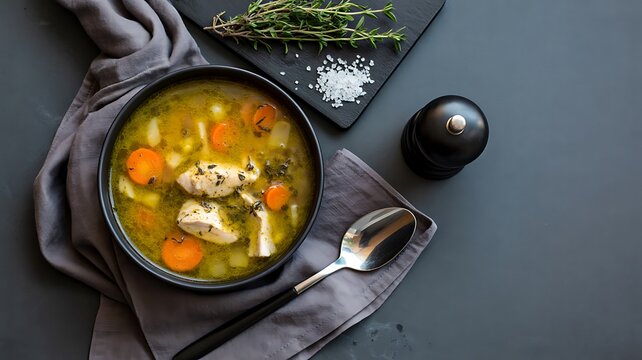 Homemade chicken vegetable soup with carrots herbs and broccoli served in black bowl