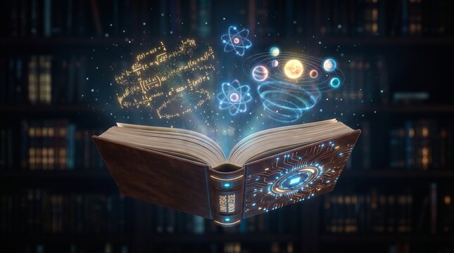 Futuristic floating hardcover book titled universal knowledge with glowing circuit board pattern projecting physics formulas atoms and a miniature solar system, Generative AI