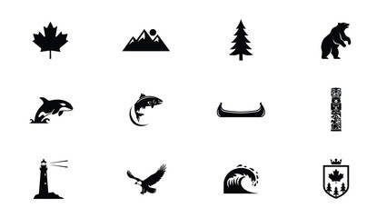 Fototapeta premium Modern black and white silhouette iconset showcasing wildlife nature and cultural heritage for branding