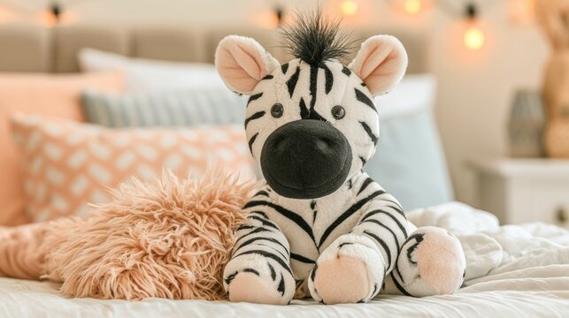 Adorable Stuffed Zebra Toy on Bed Surrounded by Cozy Pillows and Fluffy Blanket in Bright Room