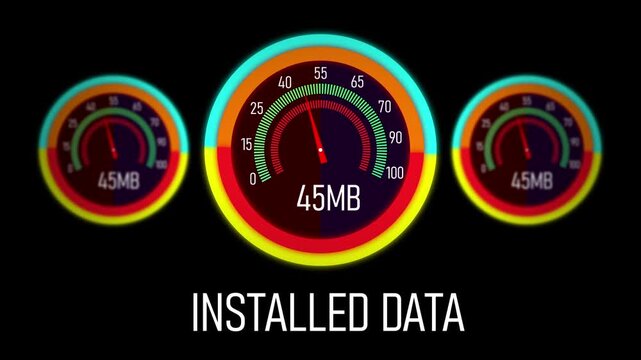 Dynamic digital data installation progress gauge animation featuring three synchronized colorful circular loading meters tracking megabyte transfer speeds for modern software development and tech
