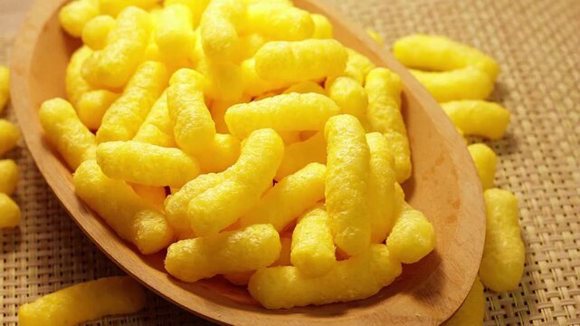 A rotating wooden bowl filled with yellow corn sticks, resting on a rustic style woven mat