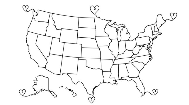 United States map outline with hearts, simple line drawing, USA travel, love America concept