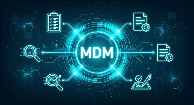 MDM mobile device management concept, refers to a comprehensive strategy and solution for managing and securing mobile devices, such as smartphones, tablets, technology  vector ai new