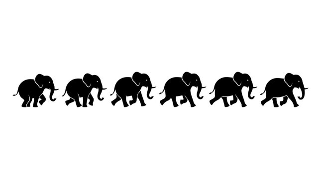 Row of Walking Elephant Silhouettes, Minimalist Black and White Animal Border Pattern for Decorative Vector Illustration Design