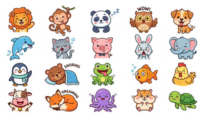 Obraz premium Animal Emoticons Vector EPS 10 Cute Wildlife and Pet Emoji Icon Collection Isolated on White Background