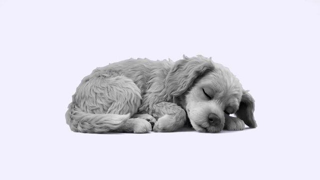 A high-fidelity 3D render of a fluffy puppy dog sleeping soundly, presented in a stylized black and white monochromatic color palette. The asset is set against a solid white backdrop for clean, artist