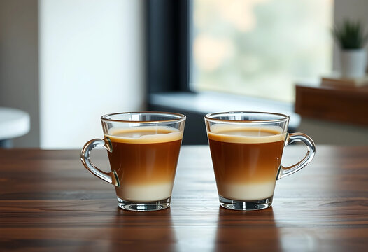 Two glass cups of espresso with milk on wooden table
