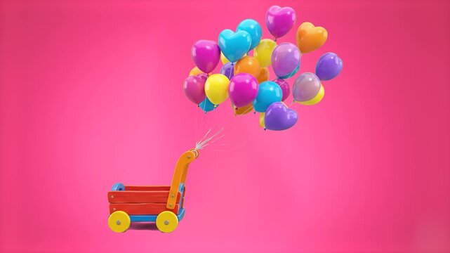 A whimsical 3D animated red toy cart tied to a bundle of multi-colored heart balloons drifting mid-air. This asset is isolated on a solid pink backdrop, perfect for festive event marketing, weddings, 