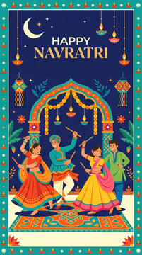Navratri Celebration with People Dancing Garba Illustration social media post template