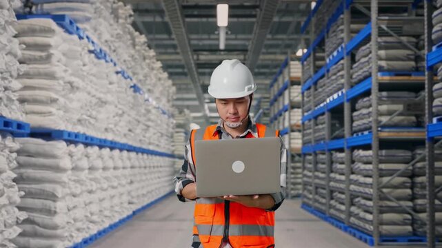 Front View of Asian Male Engineer Use Computer While Walking at Warehouse storage with stacked white sacks