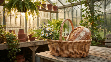 Fototapeta premium Greenhouse during the Golden Hour: Rustic Sourdough Bread and Wildflowers in a Wicker Basket